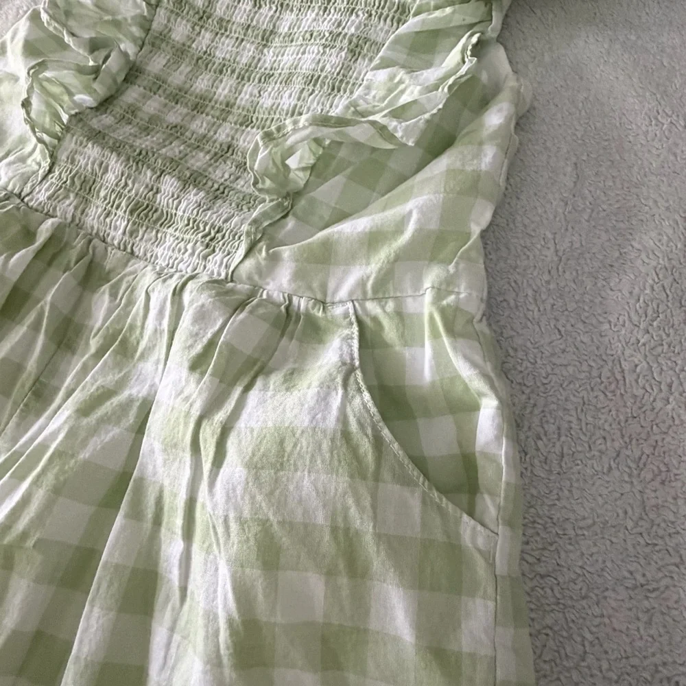 Janie and Jack | Green Gingham Smocked Romper with Ruffle Straps & Pockets | 5
